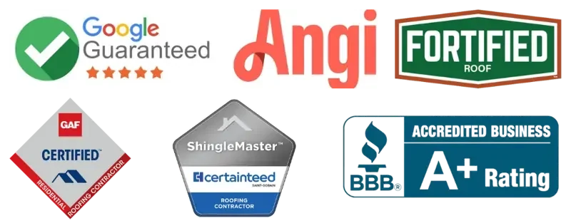 GAF CertainTeed Fortified A+ BBB Google Guaranteed Angi Verified certification badges
