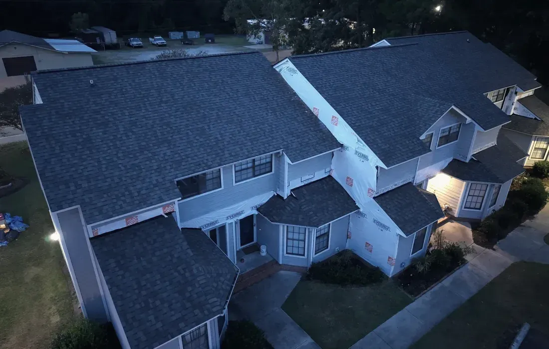 Drone shot of Tara Ct Condominiums roof replacement